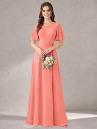 Scoop Neck A-line Chiffon Bridesmaid Dress with Flutter Sleeve & Belt