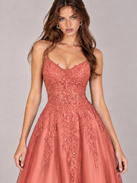 Lace Applique Satin A-Line Prom Dress with Sheer Bodice