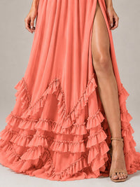 Halter V Neck Chiffon Formal Dress with Lace-Up Back and Ruffle Hem
