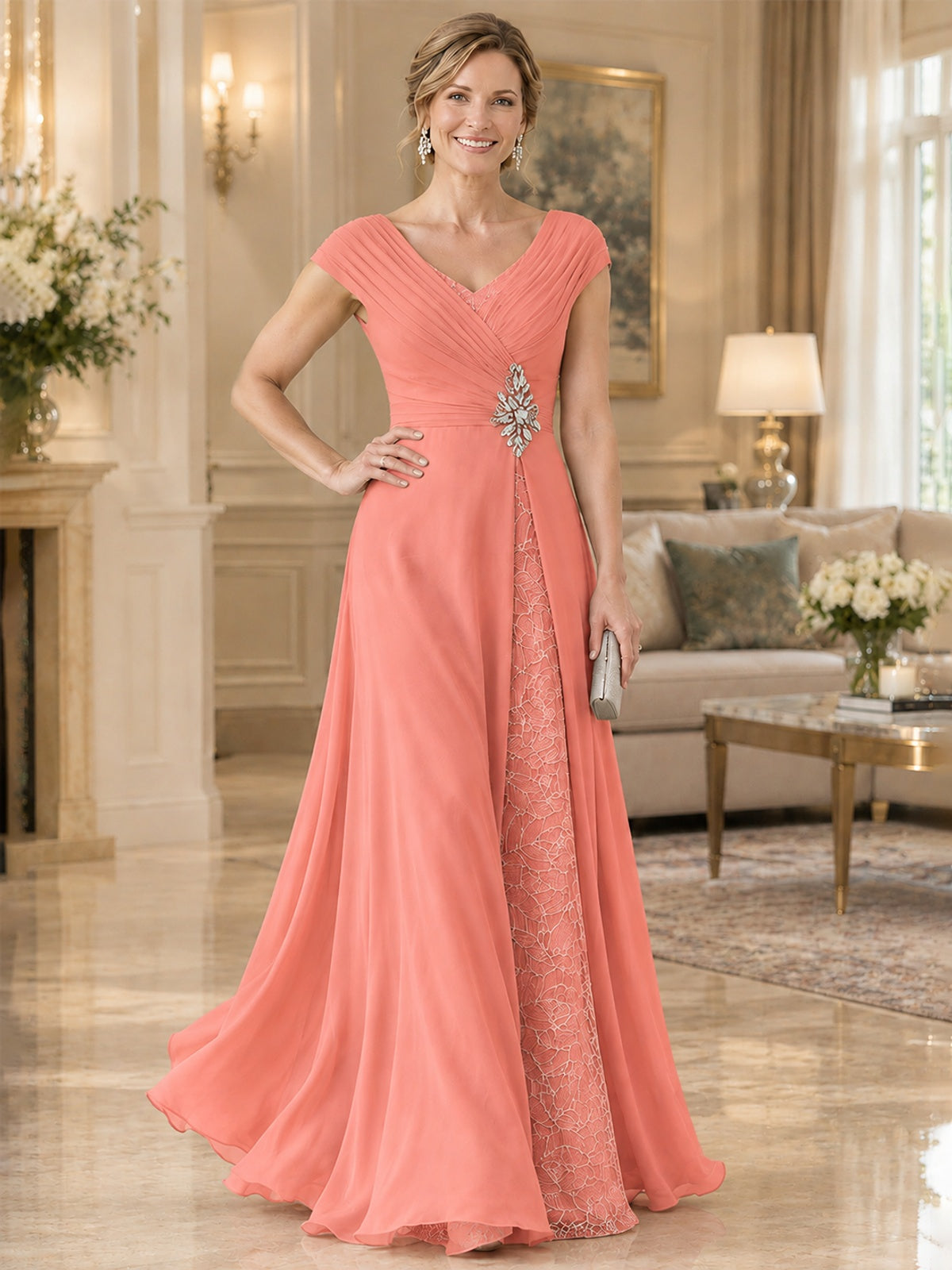 Pleated Chiffon Lace Mother of The Bride Dresses with Beading Cap Sleeves
