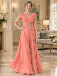Pleated Chiffon Lace Mother of The Bride Dresses with Beading Cap Sleeves