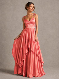 Lavender Satin V-Neck Ruffle Maxi Dress