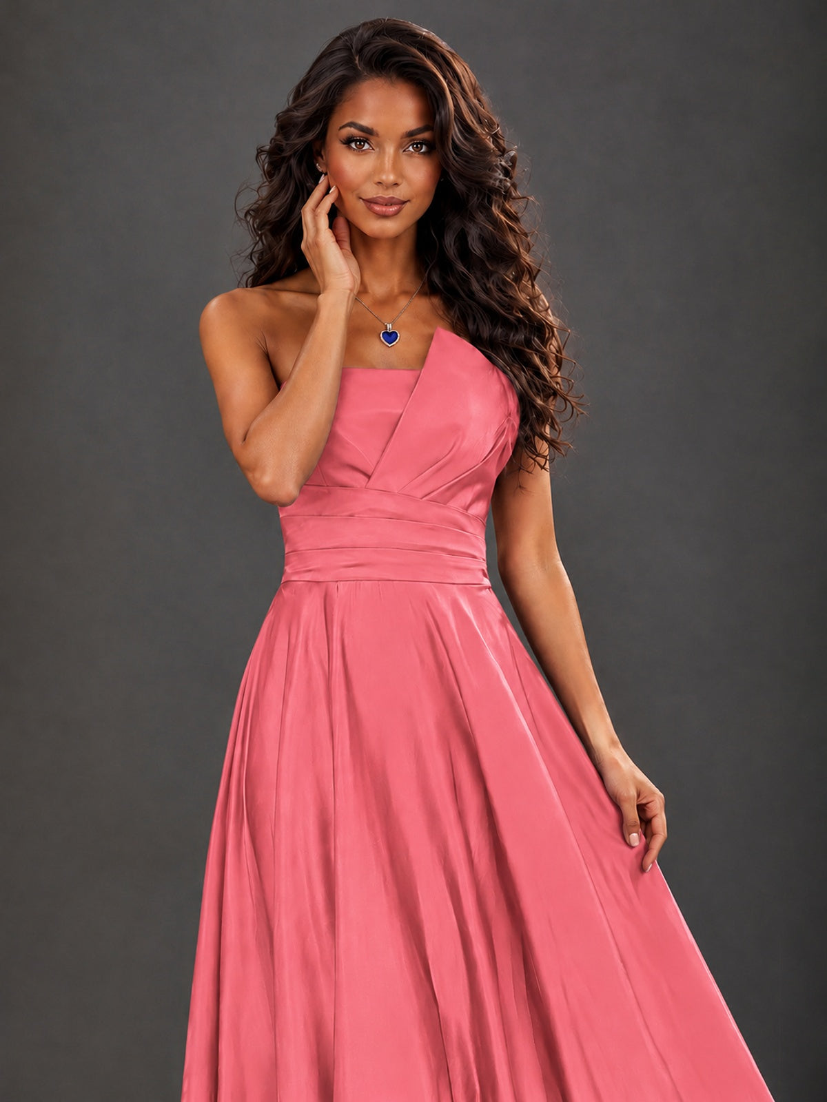 Draped Satin Prom Dress Strapless A-line Formal Dress Floor Length