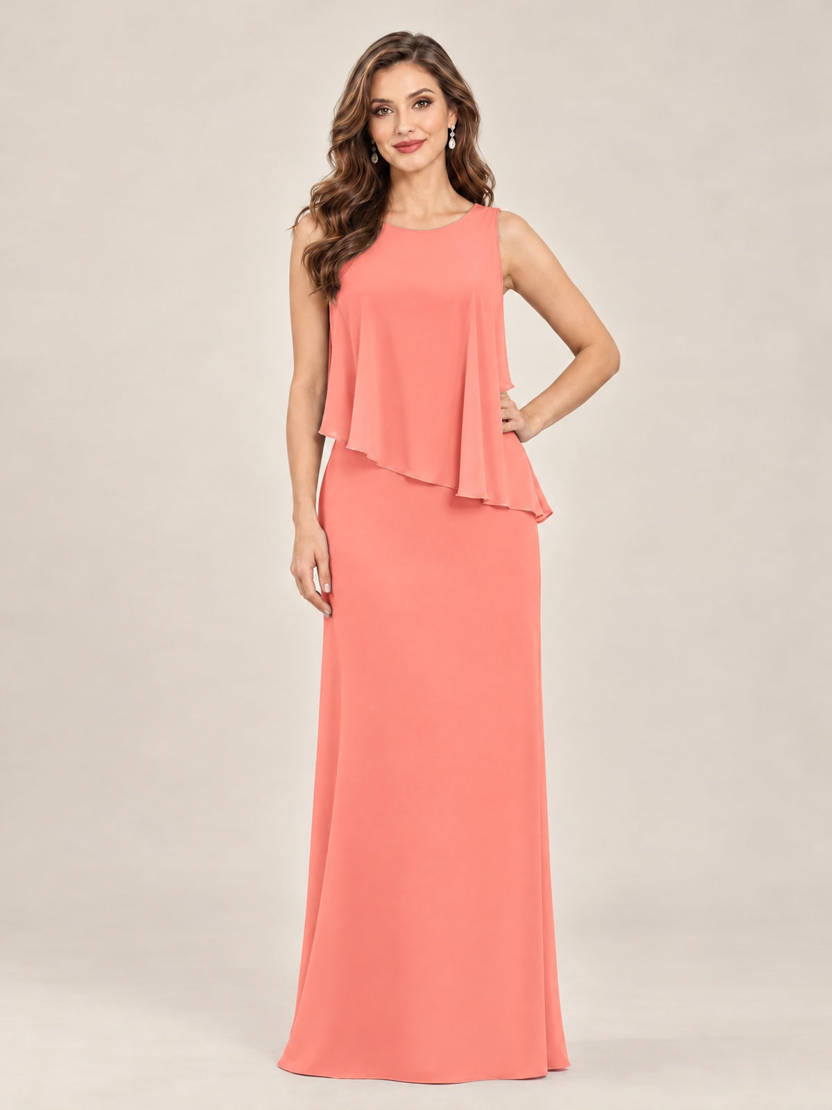 Cape Sleeve Mother of the Bride Dress with Asymmetrical Overlay