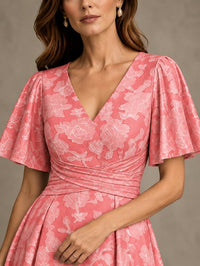 V-Neck Floral Jacquard Tea-Length Mother of the Bride Dress