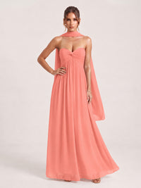 Strapless Ruched Chiffon Long Prom Dress with Scarf