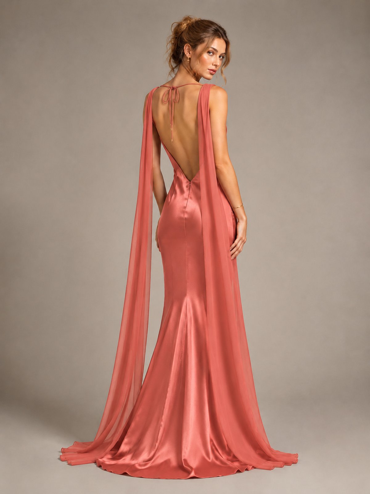 Burgundy Satin Mermaid Cape Maxi Dress