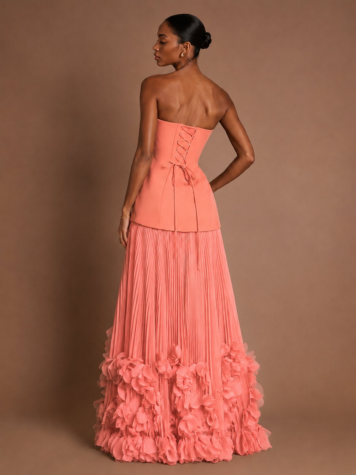 Strapless Pleated Floral Satin Formal Dress with Side Slit