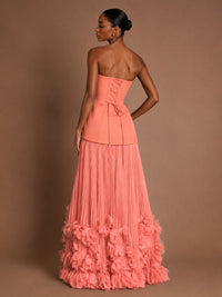 Strapless Pleated Floral Satin Formal Dress with Side Slit