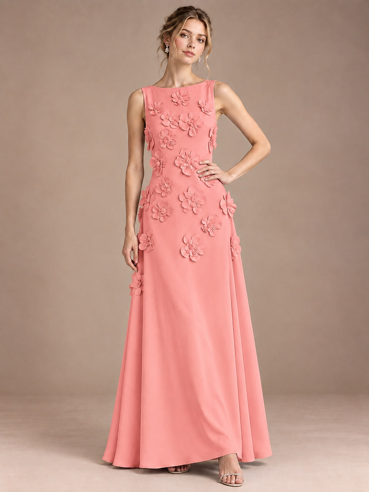 3D Floral Applique Sleeveless Formal Maxi Dress