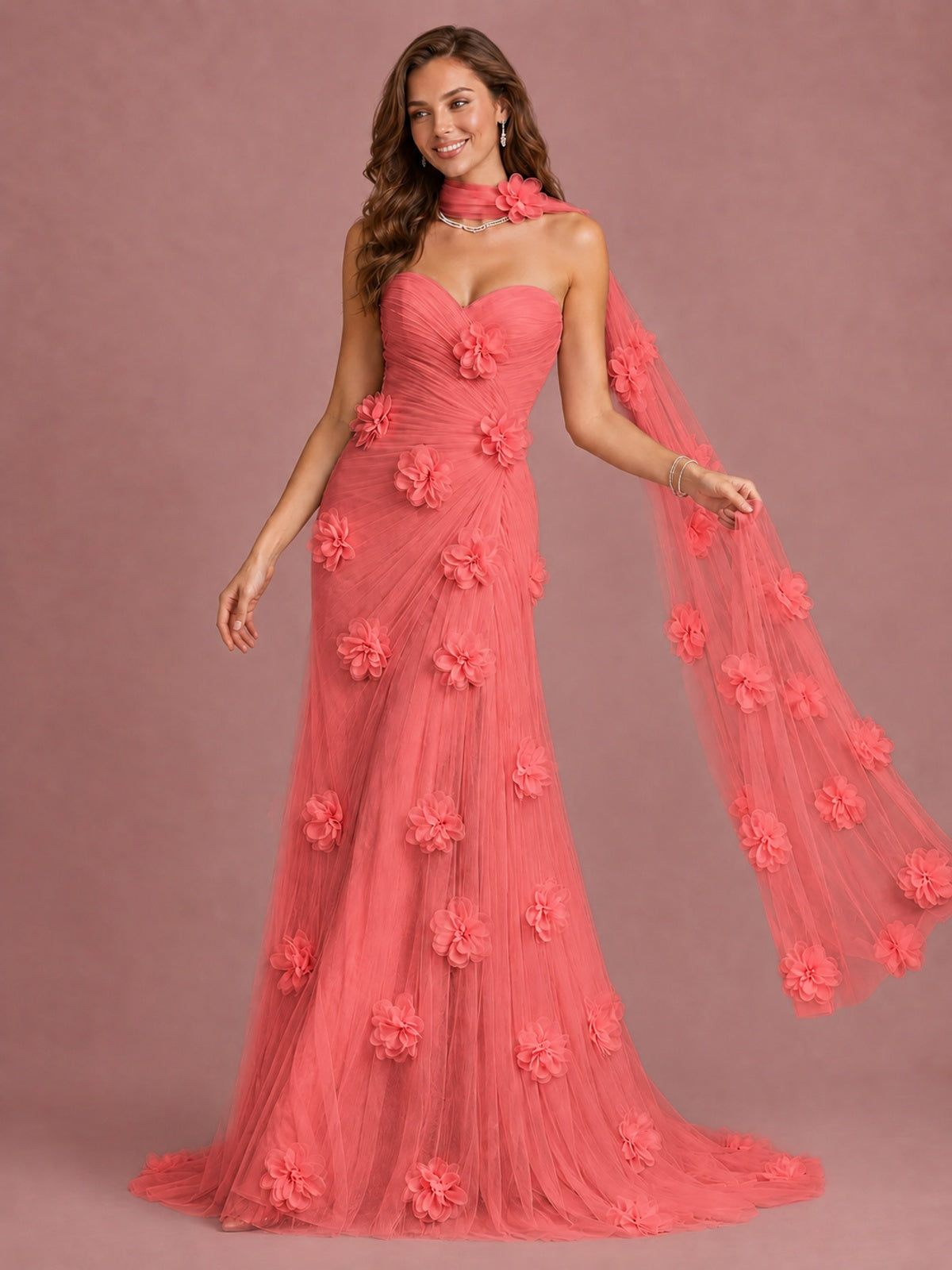 Blush Pink Strapless Sweetheart 3D Floral Tulle Mermaid Prom Dress