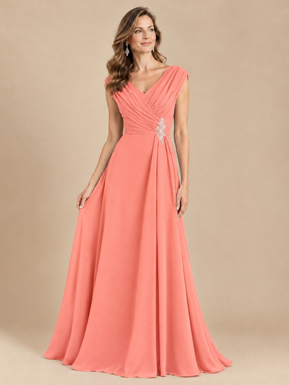 V Neck Pleated Mother of The Bride Dresses with Beading Cap Sleeves