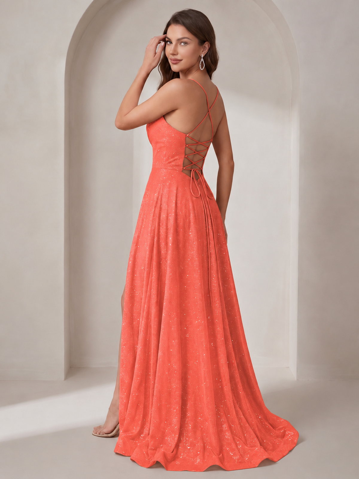 Sparkly Cowl Neck Corset Long Prom Dress with Slit A-line Tulle Ball Gown