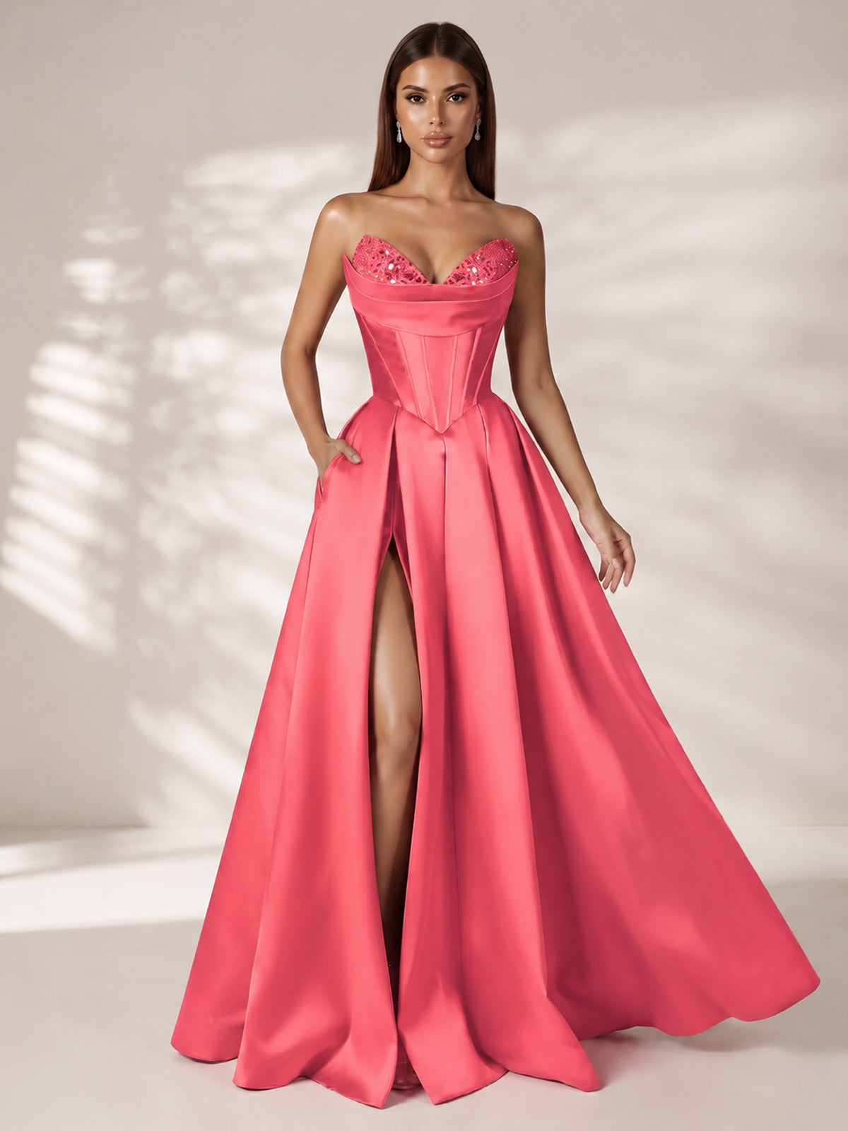 Strapless Corset Satin Prom Dress Long Evening Gown with High Slit