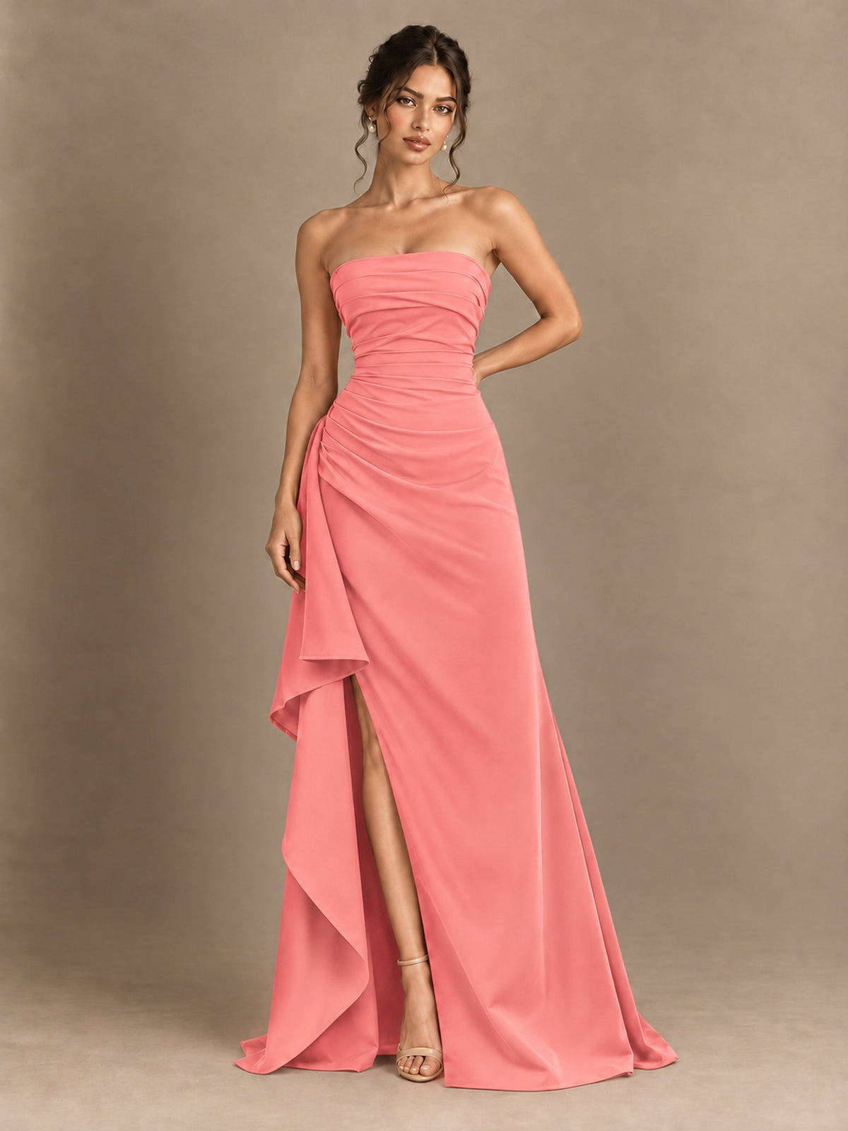 Black and White Strapless Ruched Prom Dress with High Slit & Side Drape