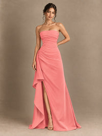 Black and White Strapless Ruched Prom Dress with High Slit & Side Drape