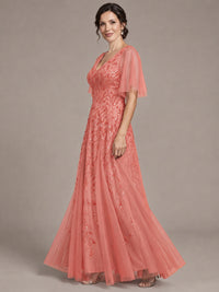 V-Neck Sequin Tulle Mother of the Bride Dress with Flutter Sleeve