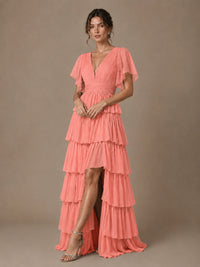 Chiffon V-Neck Tiered Ruffle Bridesmaid Dress with Slit