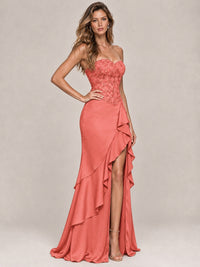 Strapless Lace Appliques Corset Satin Prom Dress Ruffle Slit Evening Gown