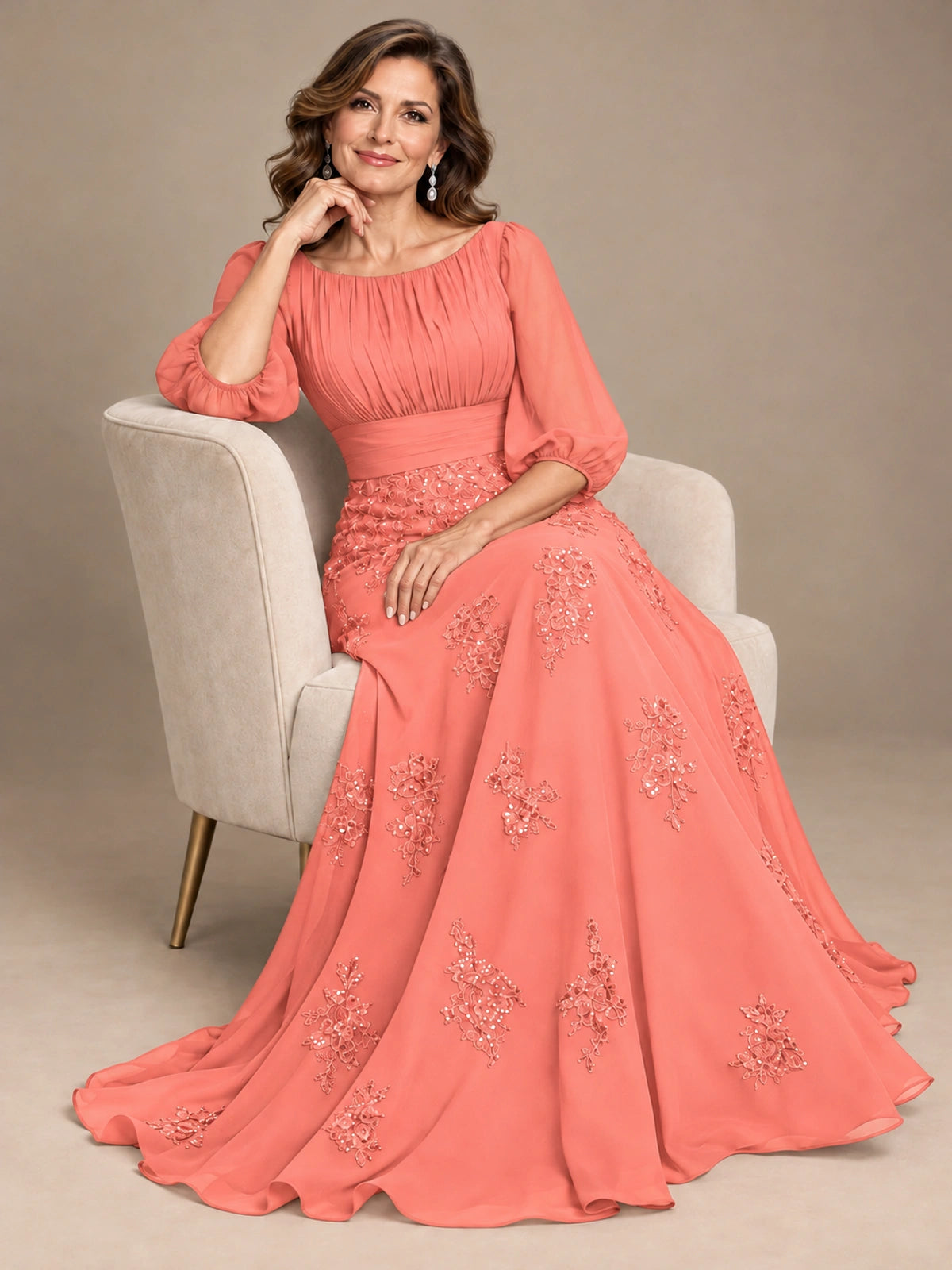A-Line Mother of the Bride Dress with Sheer Puff Sleeves