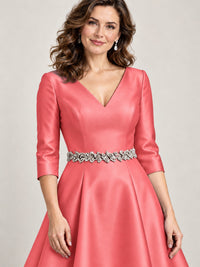 V-Neck Tea-Length Mother of the Bride Dress with Embellished Waist