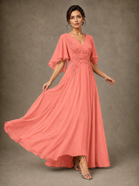 V-Neck Chiffon Lace Mother of the Bride Dress with Flutter Sleeves