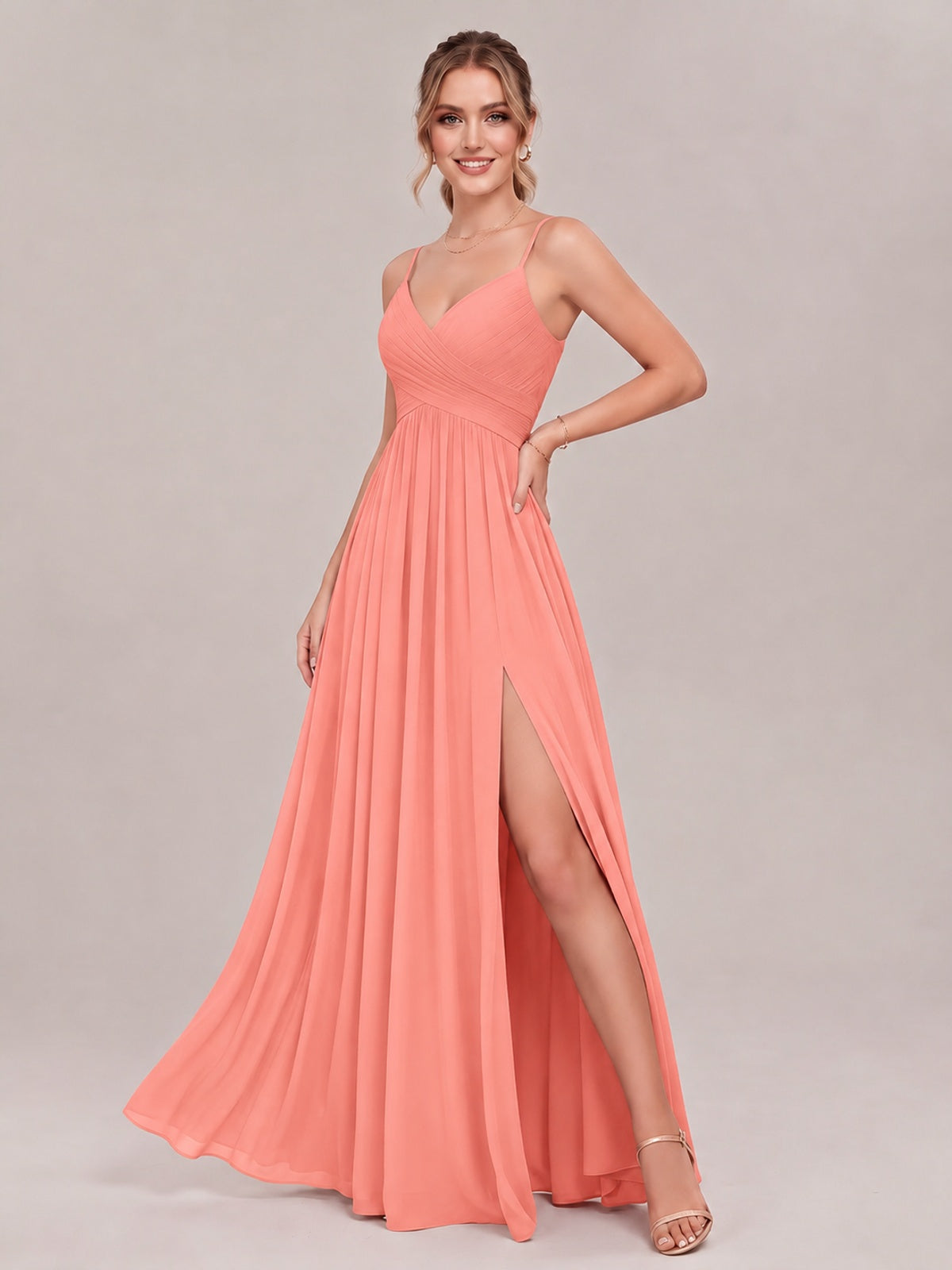 V-Neck Pleated Chiffon Long Bridesmaid Dress with Slit