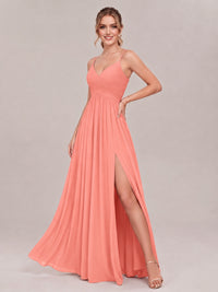 V-Neck Pleated Chiffon Long Bridesmaid Dress with Slit