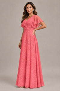 Jovellee Floral Chiffon A-Line Mother of the Bride Dress with Flutter Sleeves