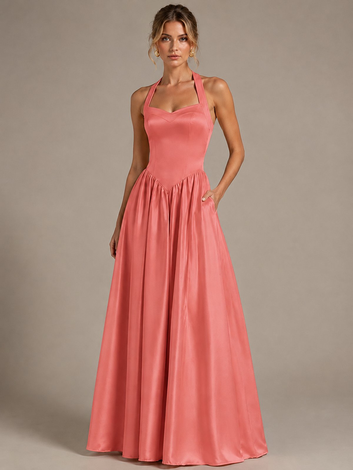 Light Yellow Halter Neck Satin A-Line Maxi Dress with Pockets