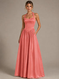 Light Yellow Halter Neck Satin A-Line Maxi Dress with Pockets