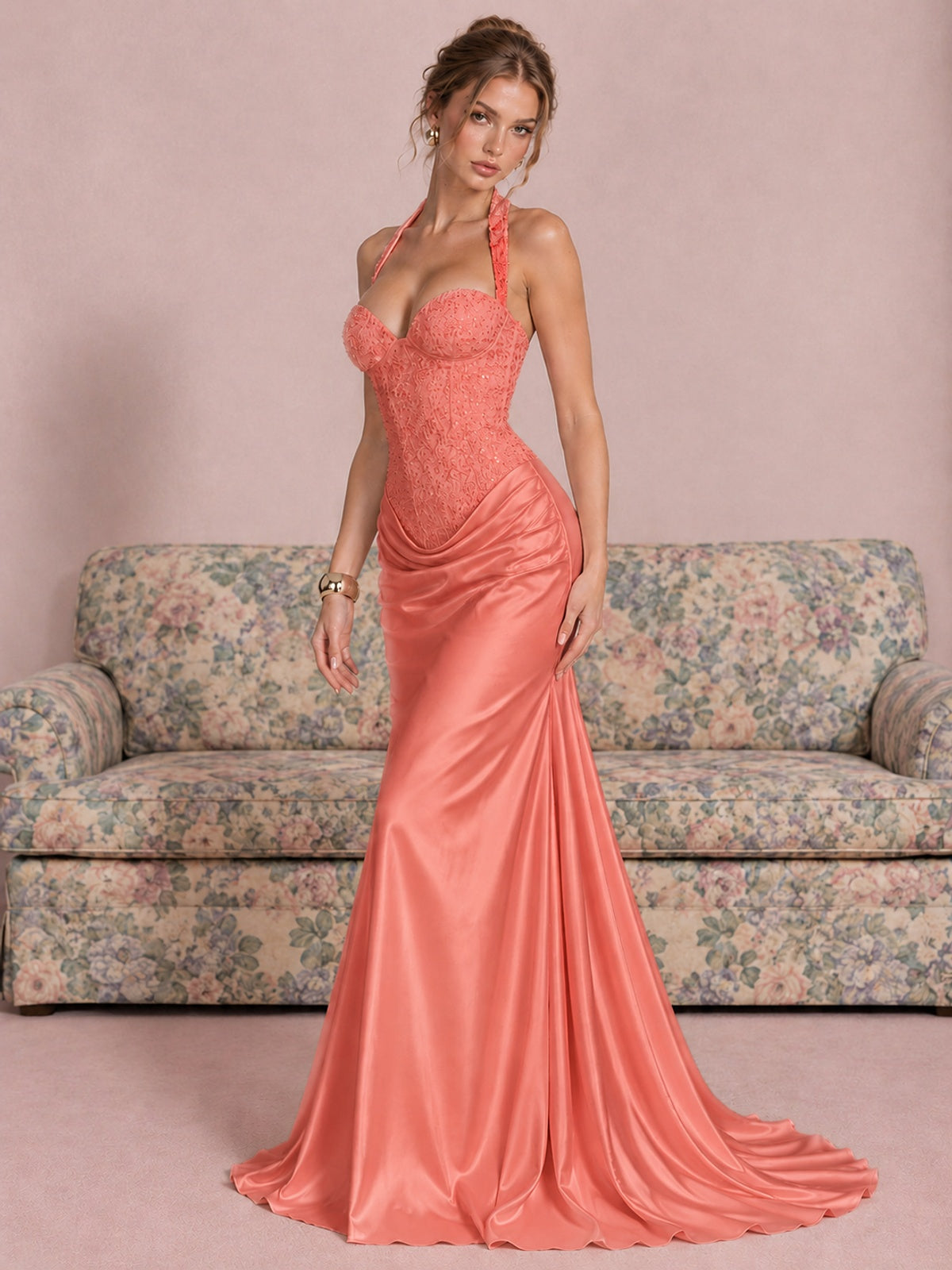 Sparkling Halter Corset Satin Mermaid Prom Dress