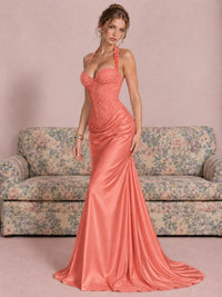 Sparkling Halter Corset Satin Mermaid Prom Dress