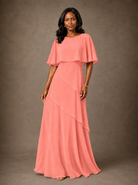 Taupe Chiffon A-Line Mother of the Bride Dress with Cape Sleeves