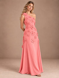 Sage Green One Shoulder Satin Formal Maxi Dress with 3D Floral