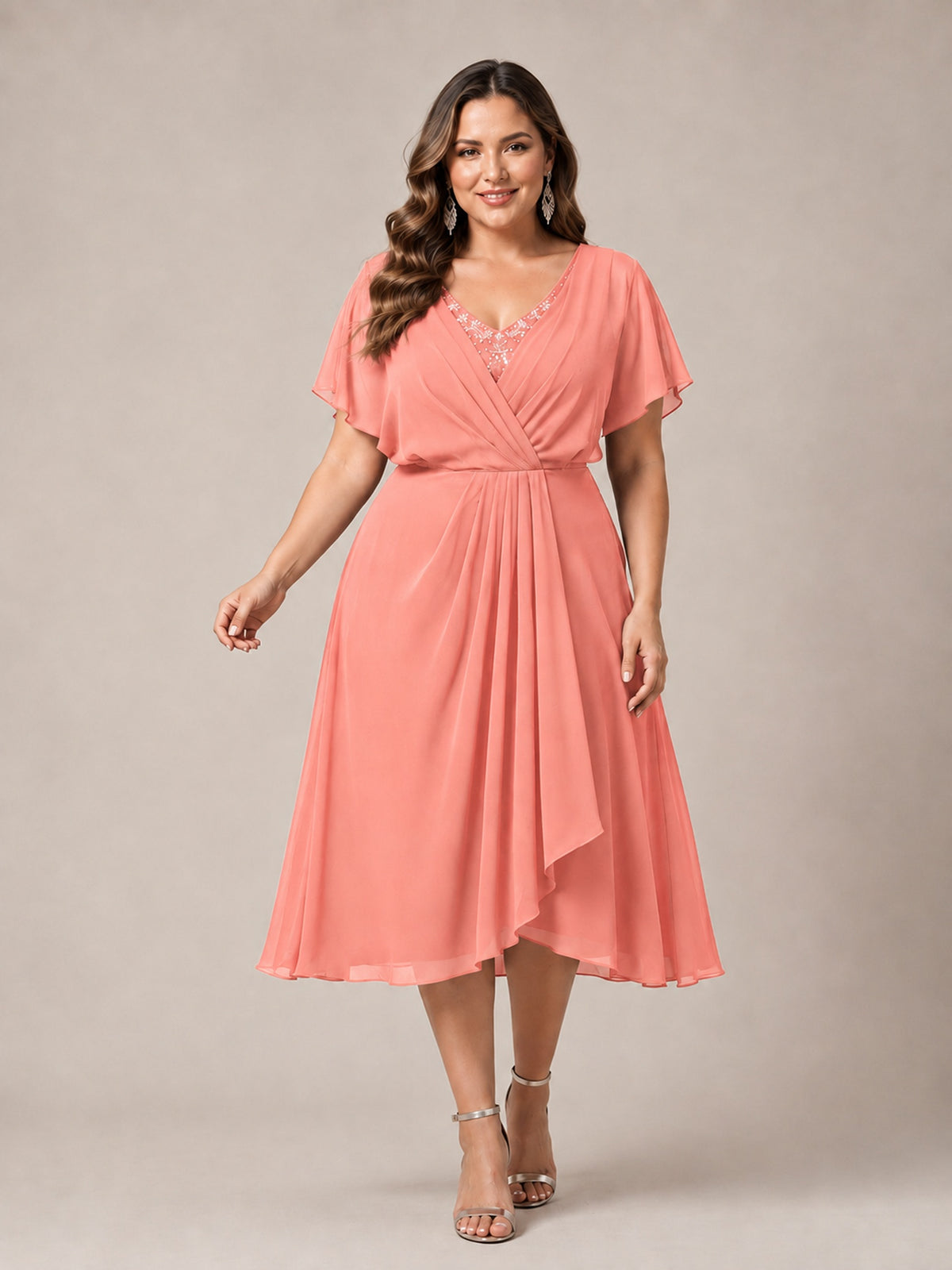 Navy Blue A-Line V-Neck Tea-Length Mother of the Bride Dress