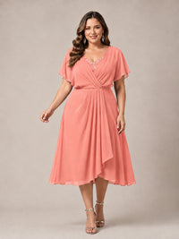 Navy Blue A-Line V-Neck Tea-Length Mother of the Bride Dress