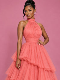 Hot Pink Tulle Halter Neck Tiered Ruffle Maxi Dress