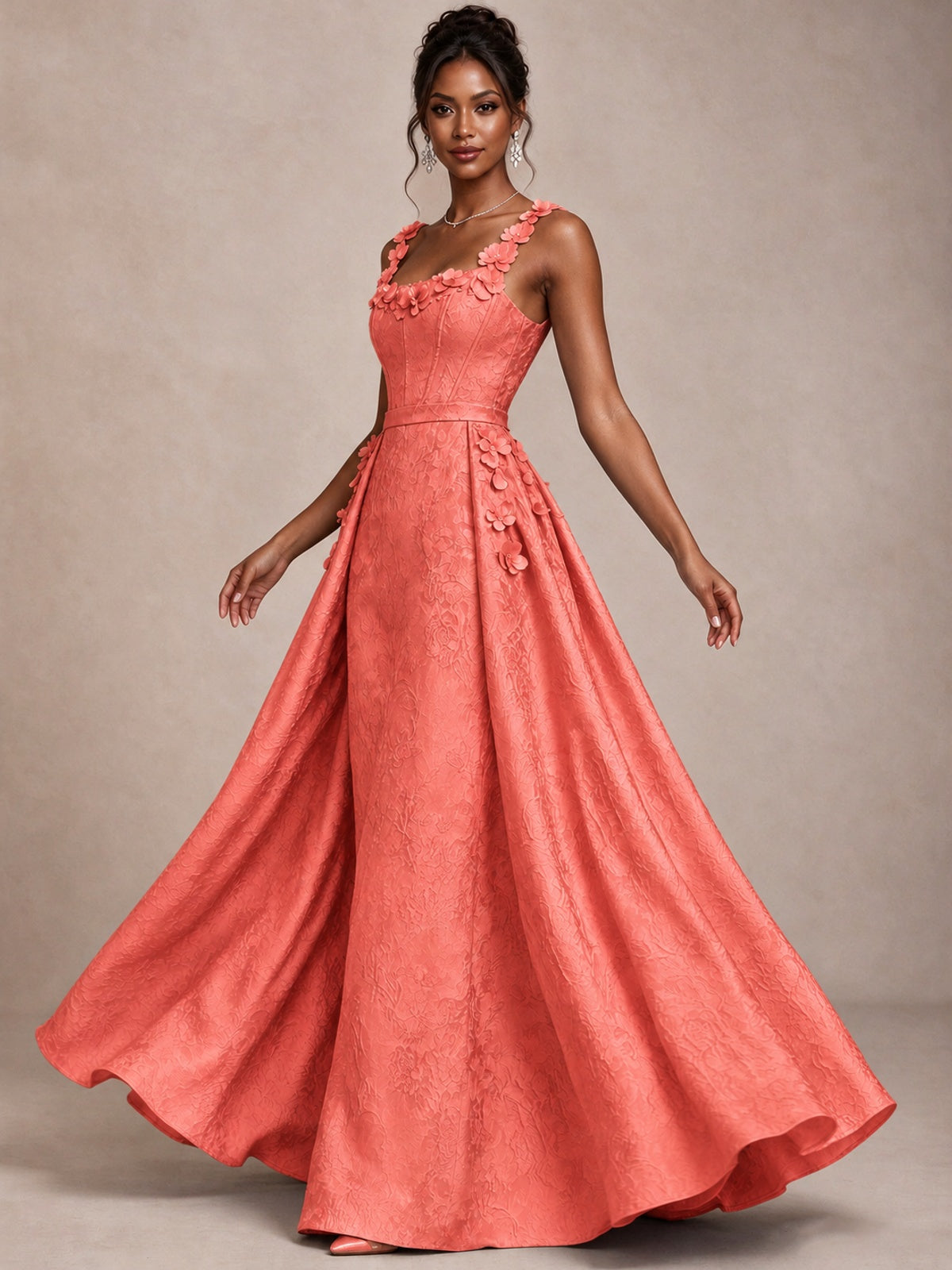 Light Blue 3D Floral Jacquard Prom Dress with Detachable Overskirt Corset Gown