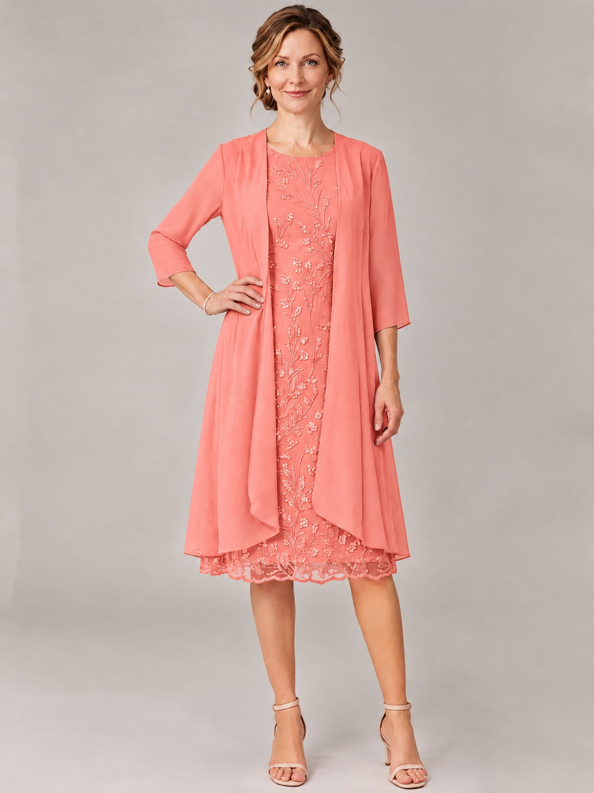 Tea Length Sequin Lace Mother of The Bride Dress with Chiffon Jacket