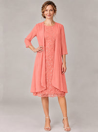 Tea Length Sequin Lace Mother of The Bride Dress with Chiffon Jacket