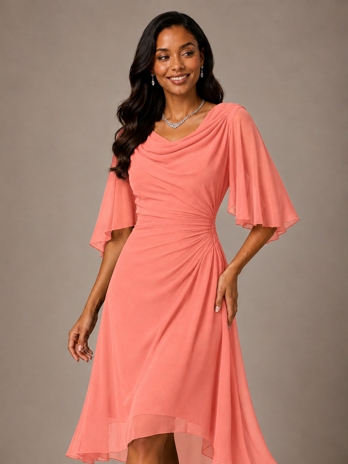 Cowl Neck Ruched Chiffon Mother of the Bride Dresses with Flutter Sleeves