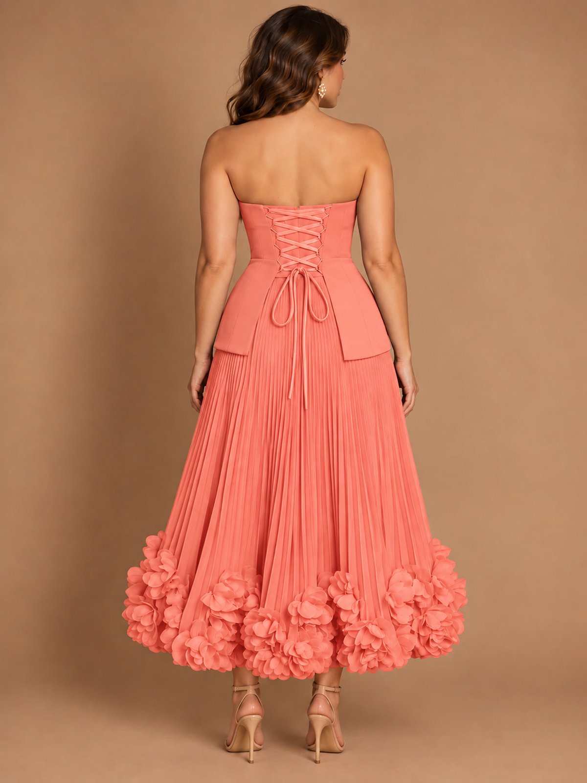 Navy Blue Strapless Pleated A-Line Midi Dress with 3D Floral Applique