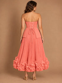 Navy Blue Strapless Pleated A-Line Midi Dress with 3D Floral Applique