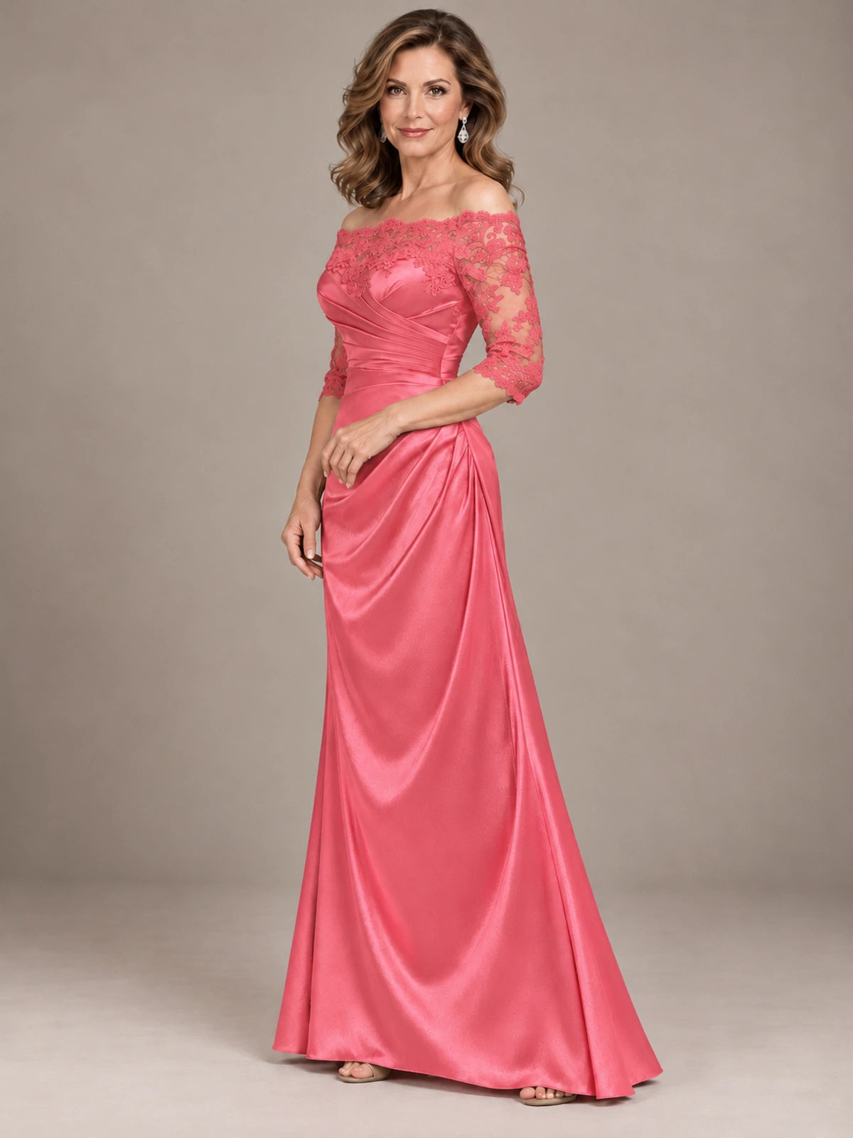 Satin Mother of the Bride Dress with Lace Sleeves Off Shoulder Formal Gown