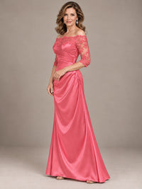 Satin Mother of the Bride Dress with Lace Sleeves Off Shoulder Formal Gown
