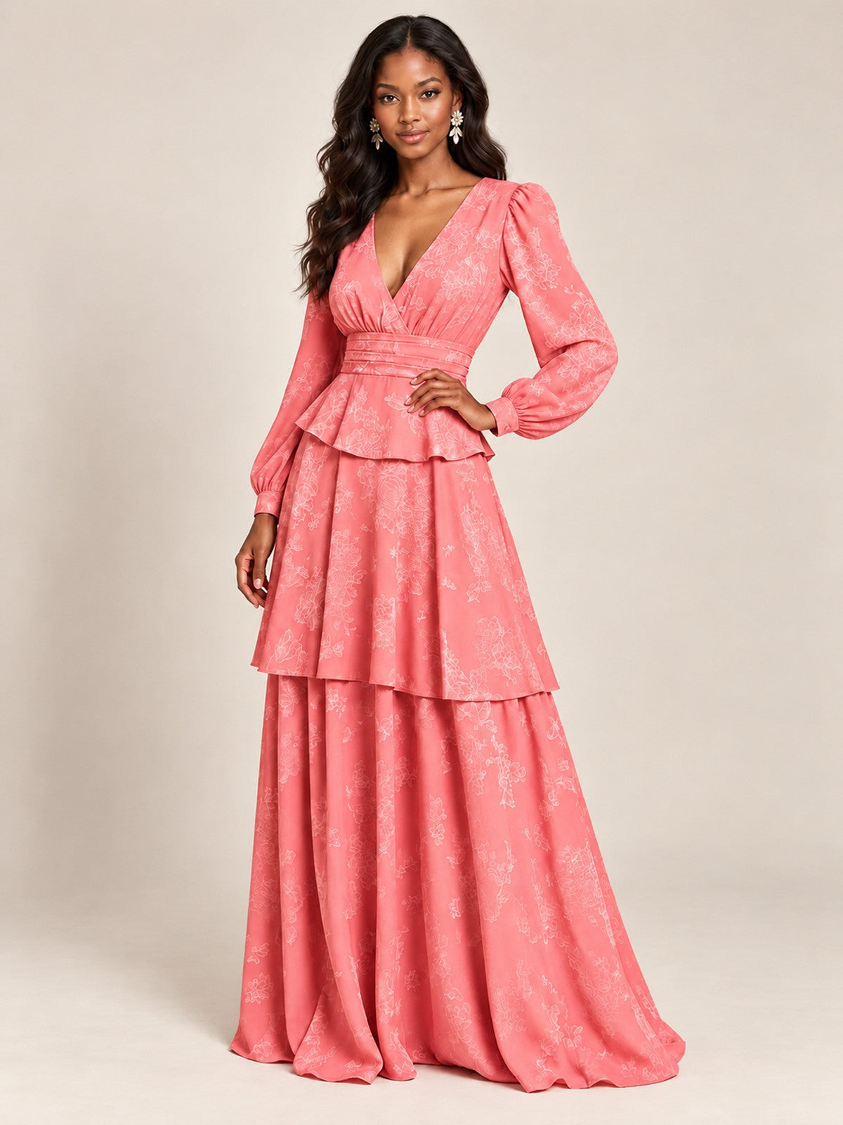 Blush Pink Floral Long Sleeve Maxi Dress