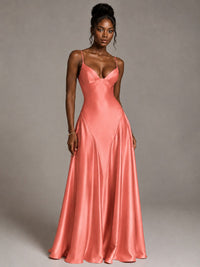 Lavender V Neck Satin Prom Dress with Spaghetti Straps