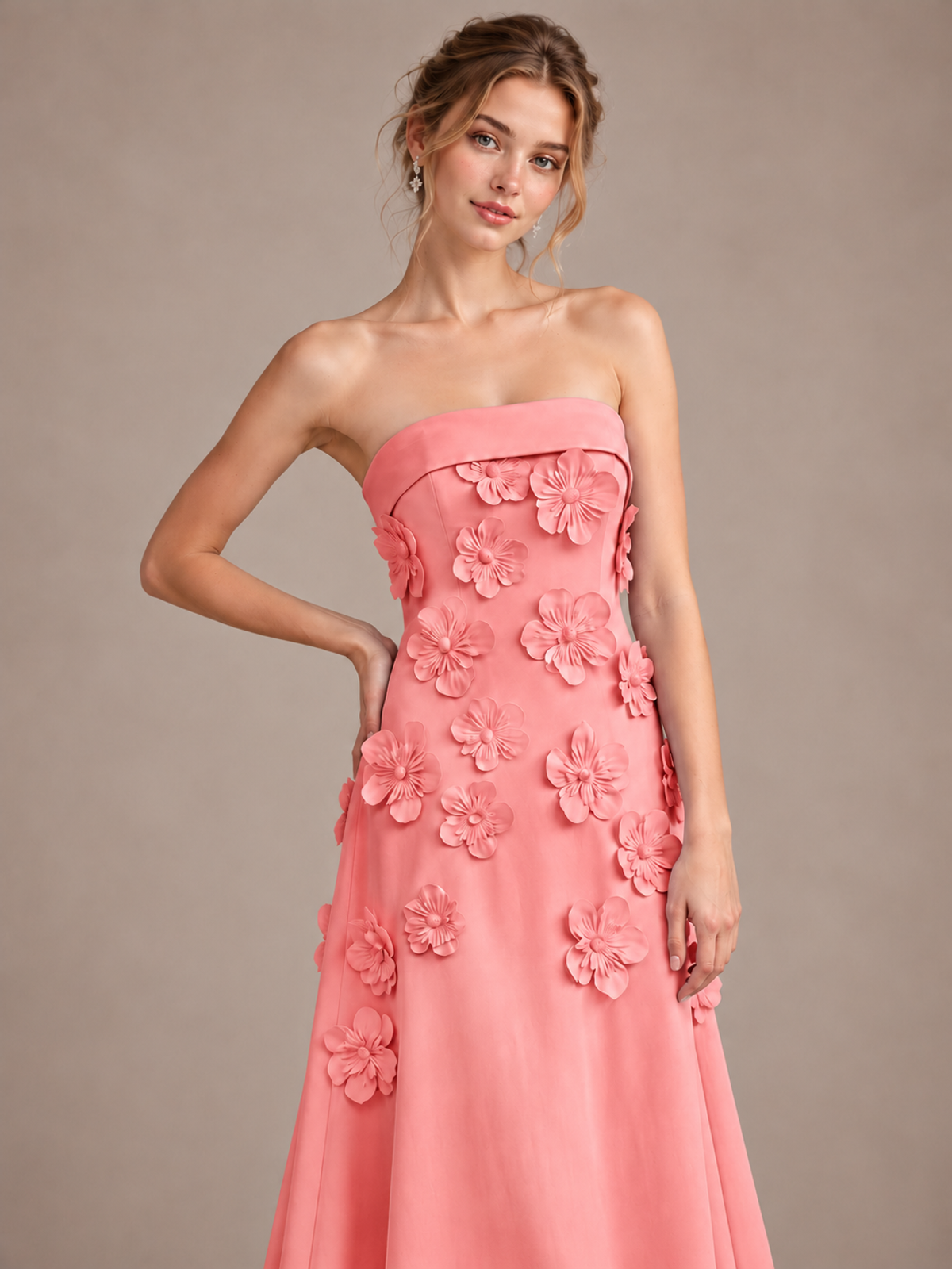 Yellow Strapless 3D Floral Appliques Maxi Dress