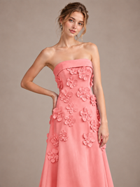 Yellow Strapless 3D Floral Appliques Maxi Dress